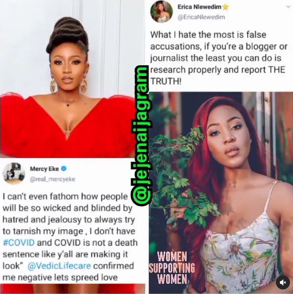 Erica Nlewedim comes to Mercy Eke’s defense to debunk rumour of her spreading COVID-19 - “Report The Truth”