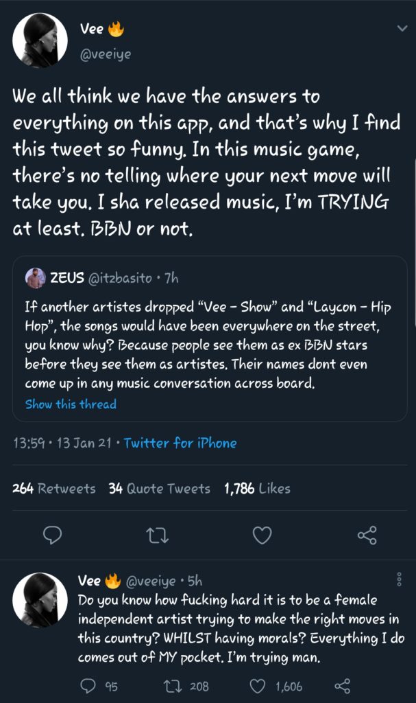 BBNaija Vee fires back at the music promoter who says she is not recognized BBNaija Vee fires back at the music promoter who says she is not recognized