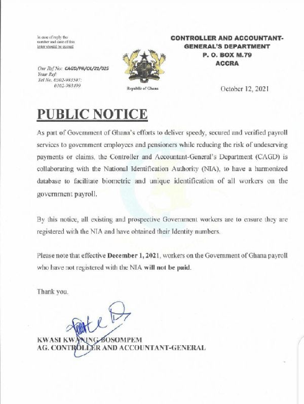 Public Notice to all workers on the payroll of the Controller and Accountant General Department