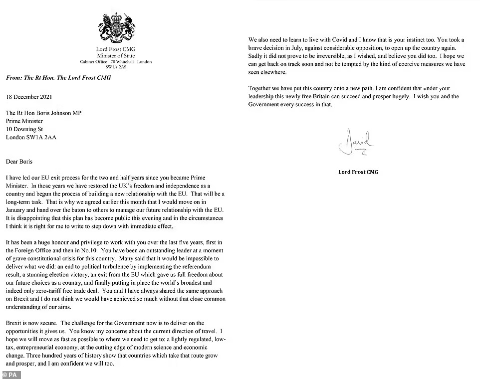 Lord Frost Resignation Letter