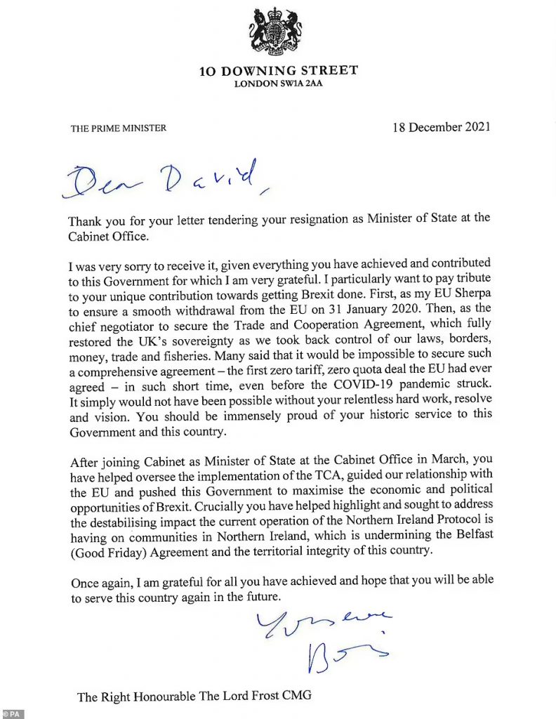 Prime Minister's Response to Lord Frost Resignation Letter
