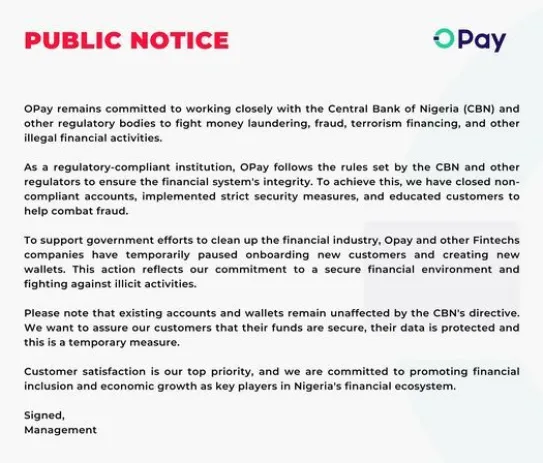OPay Clarifies New CBN Directive, Sends Reassuring Message to Customers