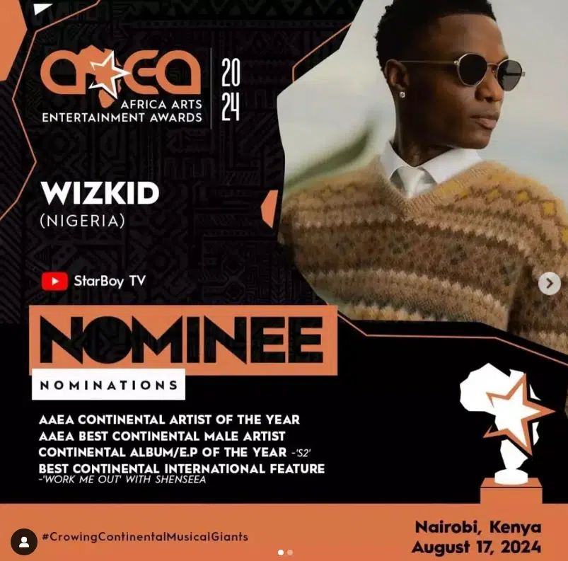 Wizkid nominated in seven categories at the Africa Arts Entertainment Awards